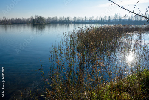 Summer landscape, river, fog, in the morning, with a beautiful sky, in an ecological place