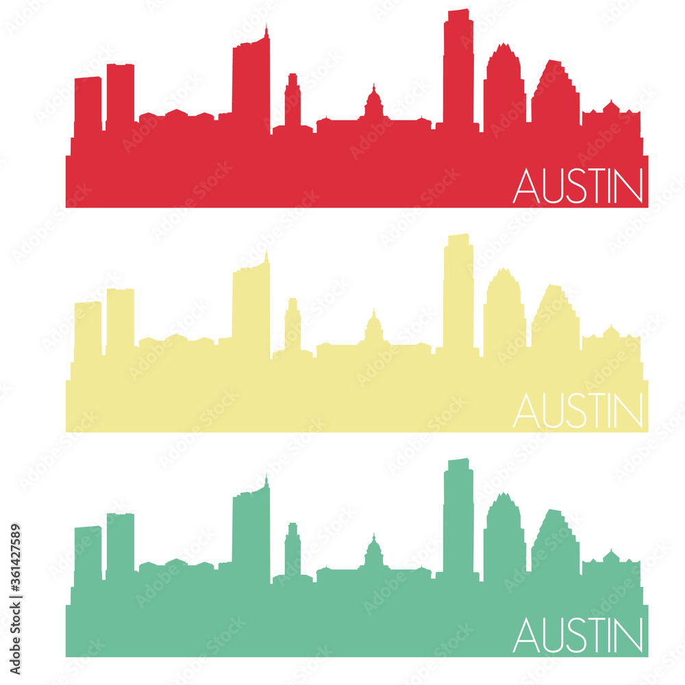 Austin Skyline Silhouette City Stamp Vector Color Vintage Set.