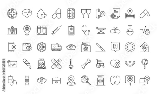 healthcare medical and hospital pictogram line style icons set