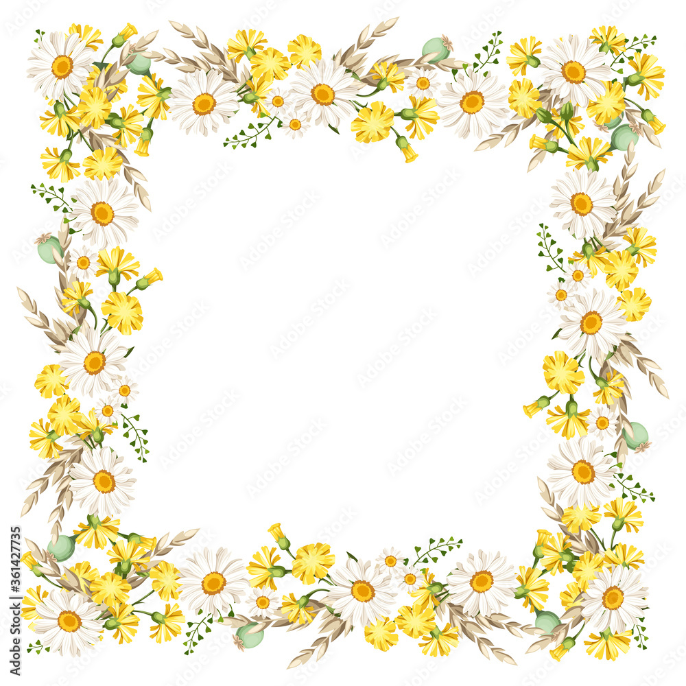 Vector frame with daisies and yellow wild flowers and ears of wheat. Vector frame with daisies and yellow wild flowers and ears of wheat.
