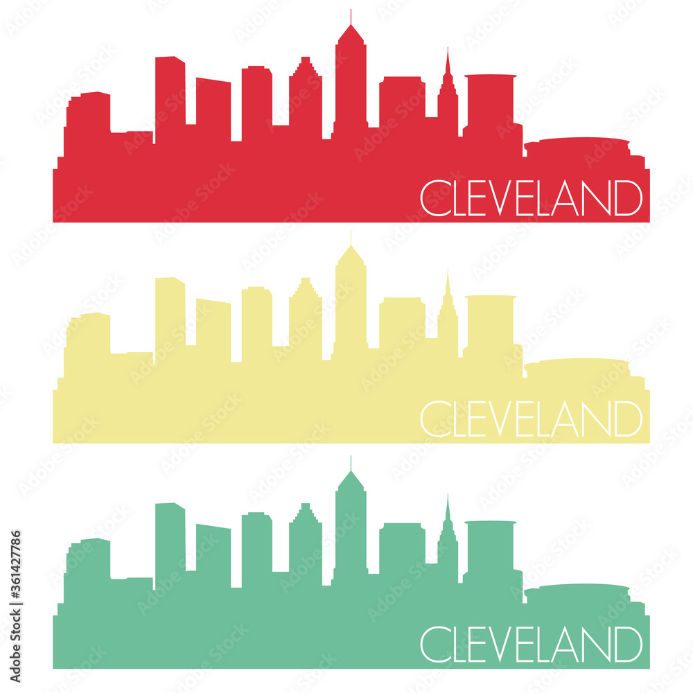 Cleveland Skyline Silhouette City Stamp Vector Color Vintage Set.
