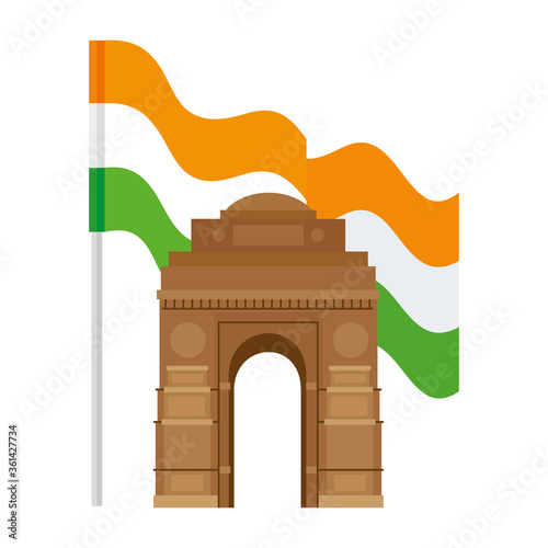 india gate, famous monument with flag of india