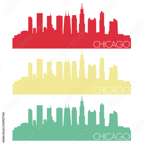 Chicago Skyline Silhouette City Stamp Vector Color Vintage Set.