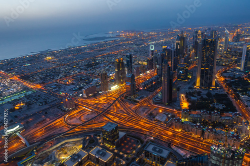 Night view of Dubai from Burj Khalifa.Dubai