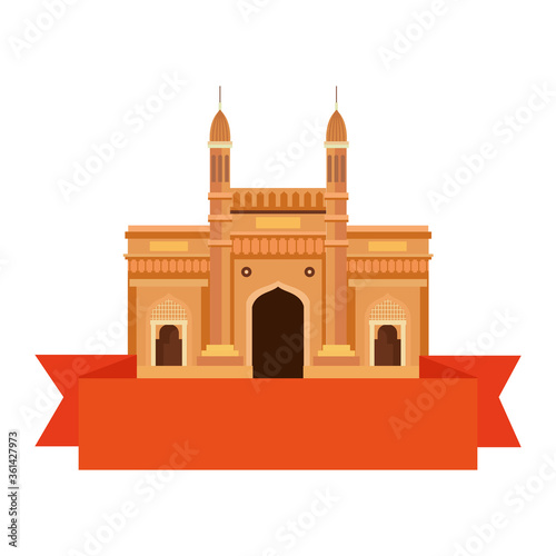 gateway, famous monument of india with ribbon on white background