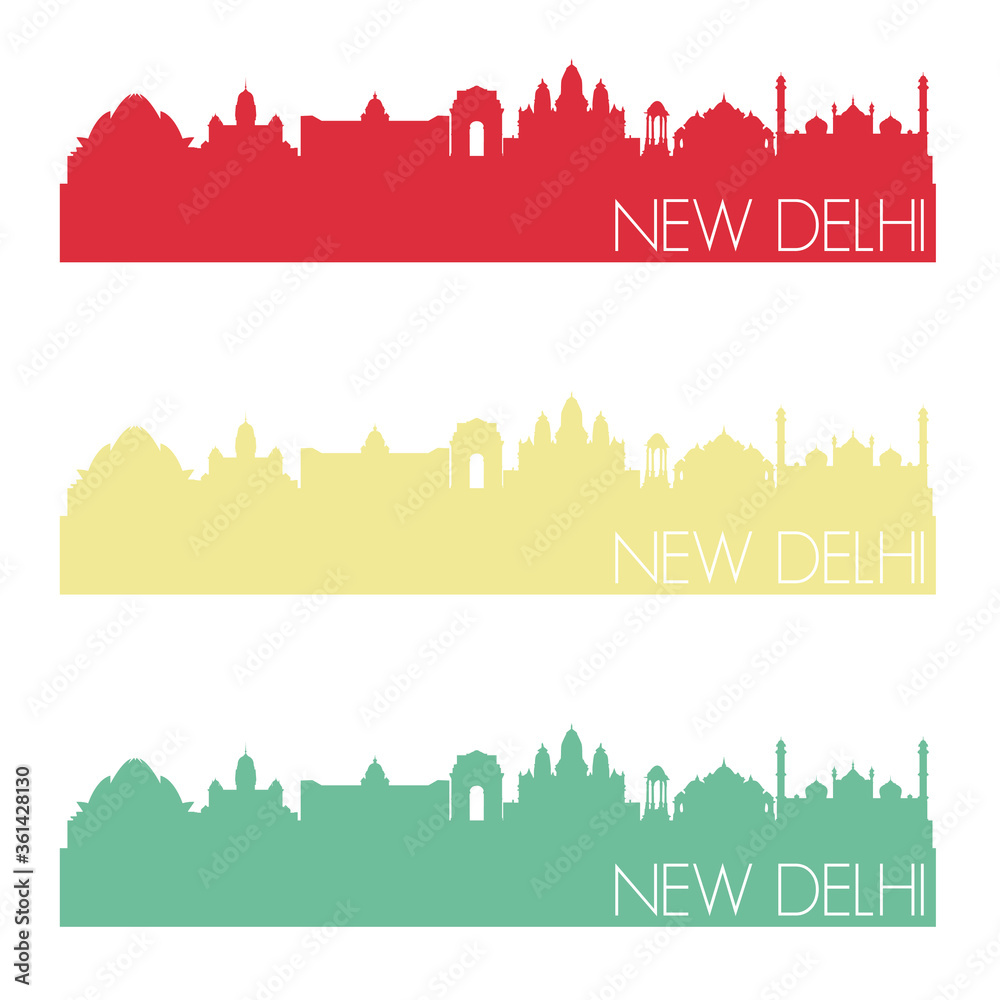 New Delhi Skyline Silhouette City Stamp Vector Color Vintage Set.