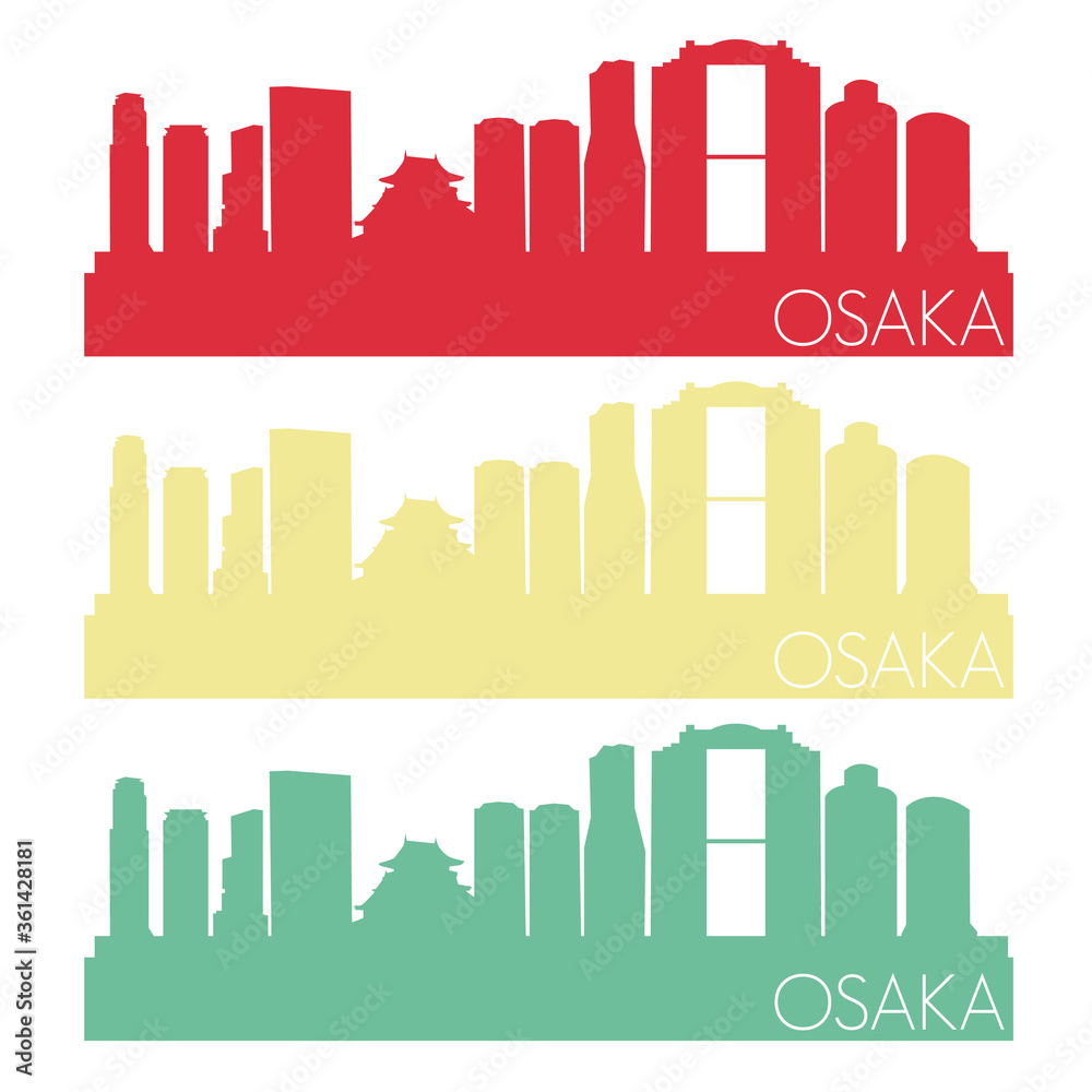 Osaka Skyline Silhouette City Stamp Vector Color Vintage Set.