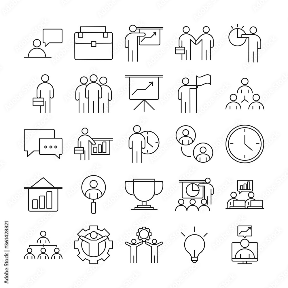 businesspeople financial money business management developing successful icons set line style