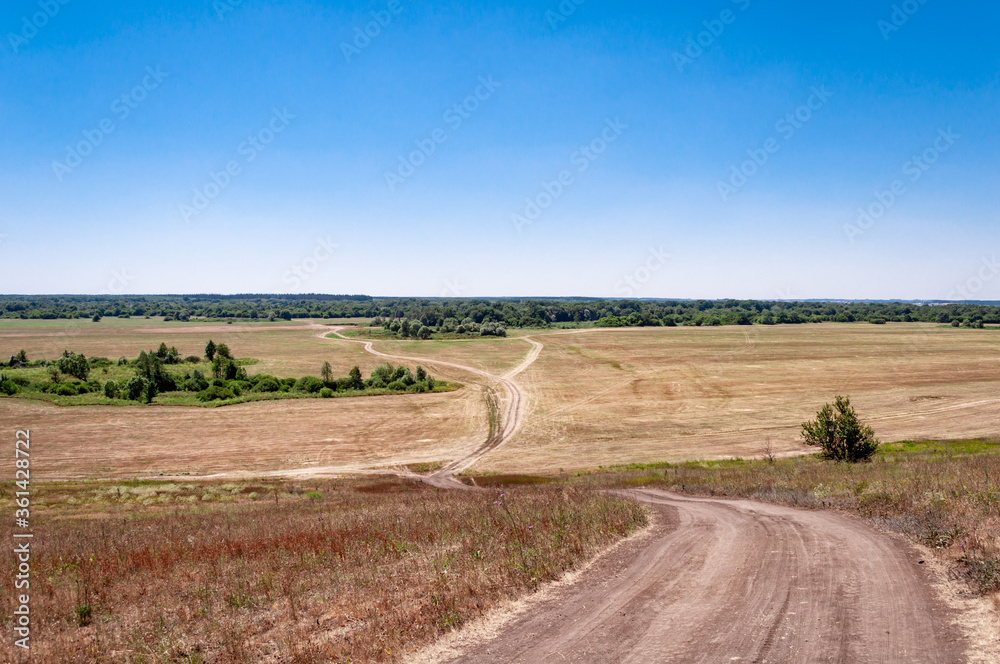 Obraz premium A dirt road passing through a field in a picturesque location.