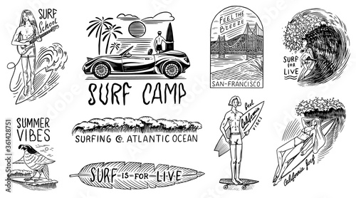  Surf badge, Vintage Surfer logo. Retro Wave and palm. Summer California and San Francisco. Man on the surfboard, beach and sea. Guy with a Guitar. Engraved emblem hand drawn. Banner or poster.