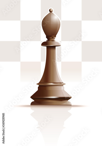 White chess figure officer on a background of chessboard cells. White ivory bishop. Chess piece elephant or bishop. Realistic vector illustration