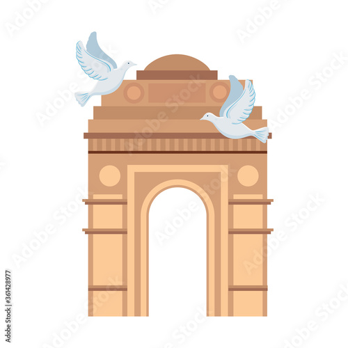 india gate, famous monument of india with white doves flying
