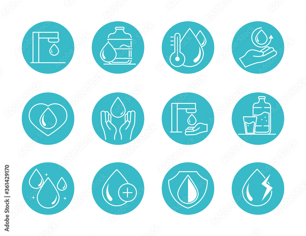 water drops nature liquid save environment, drink, blue block style icons set