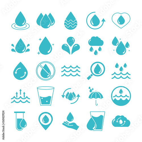 water drops nature liquid save environment, drink, blue silhouette style icons set