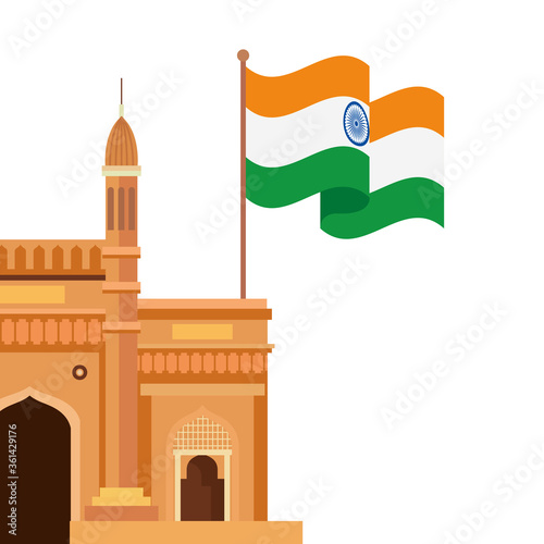gateway, famous monument with flag of india on white background