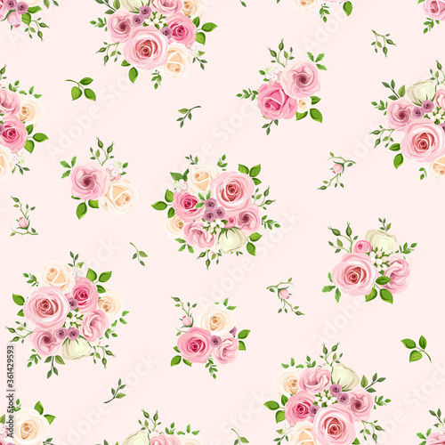 Vector seamless pattern with pink and white roses on a pink background.