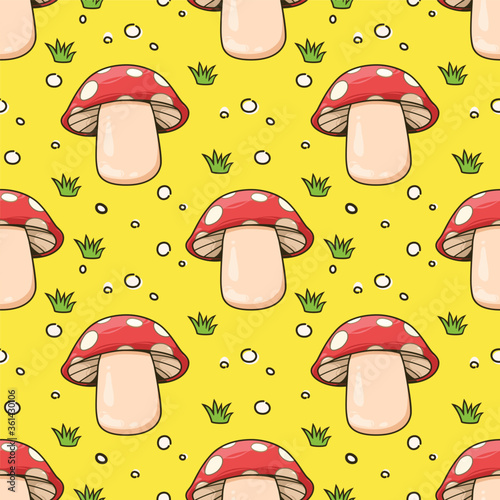 Seamless pattern mushrooms and grass cartoon on yellow background, Vector illustration.