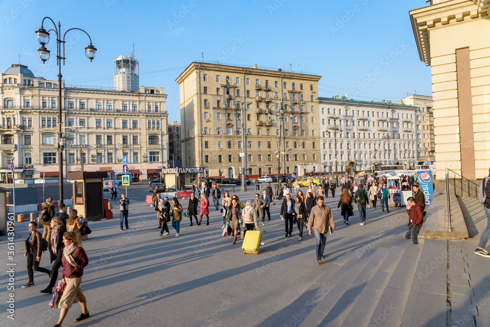 Moscow, Russia - April 22, 2019: crowd of people walking down the street