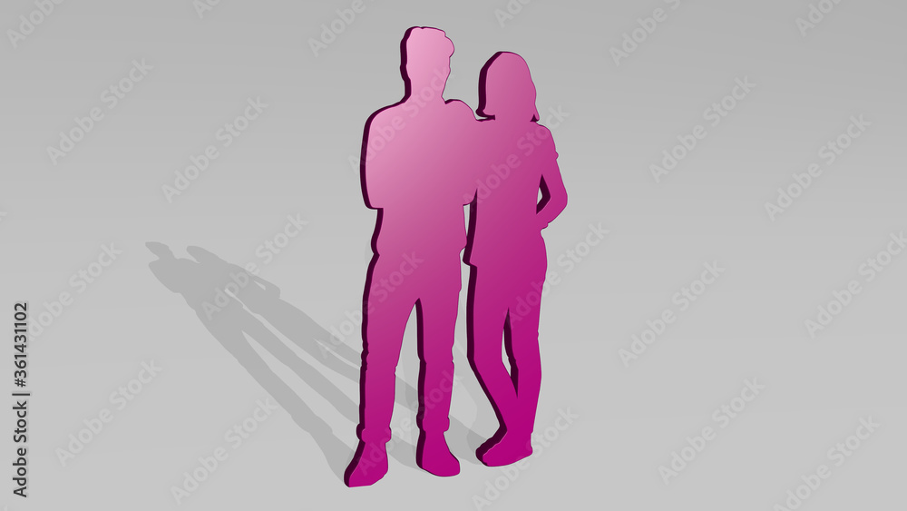 boy and girl from a perspective on the wall. A thick sculpture made of ...