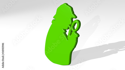 SHERLOCK HOLMES on the wall. 3D illustration of metallic sculpture over a white background with mild texture