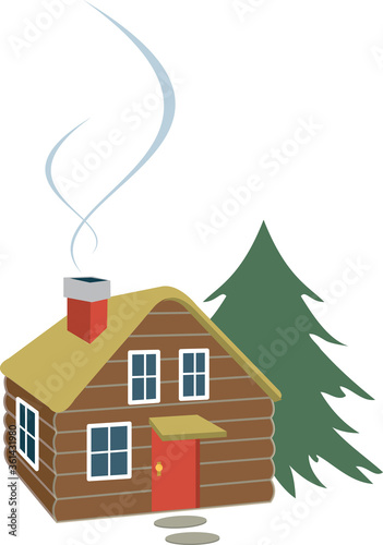 Cozy log cabin, smoke curling from the chimney, nestled beside a big evergreen tree