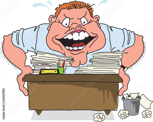 Angry businessman leans over messy, disorganized desk, screaming in rage