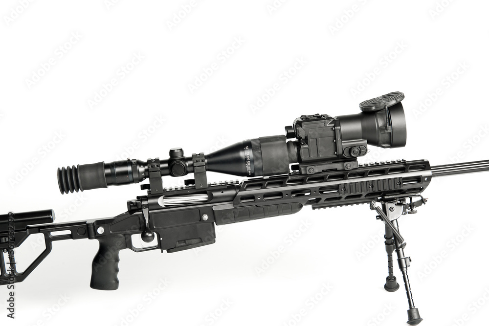 Weapon for hunting with a mounted optical sight, on a white background.