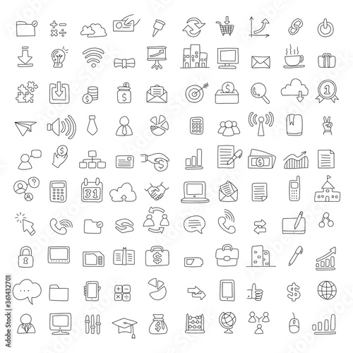 100 technology and business icon set vector illustration sketch doodle hand drawn with black lines isolated on white background
