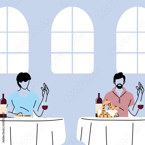 social distancing in restaurant, men eating on table, protection and prevention of coronavirus or covid-19
