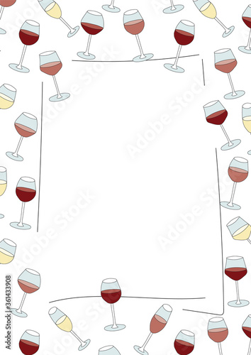 Doodle cartoon hipster style colored vector illustration. A still life with variety of red pink rose white wine glasses. Bar restaurant menu. ads, poster or card. A4 frame with copy space for text