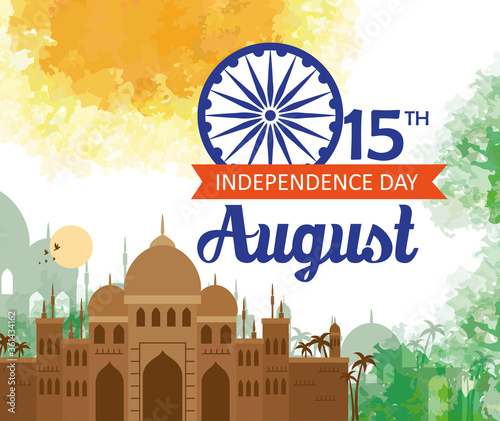 indian happy independence day, celebration 15 august, with taj mahal and decoration vector illustration design