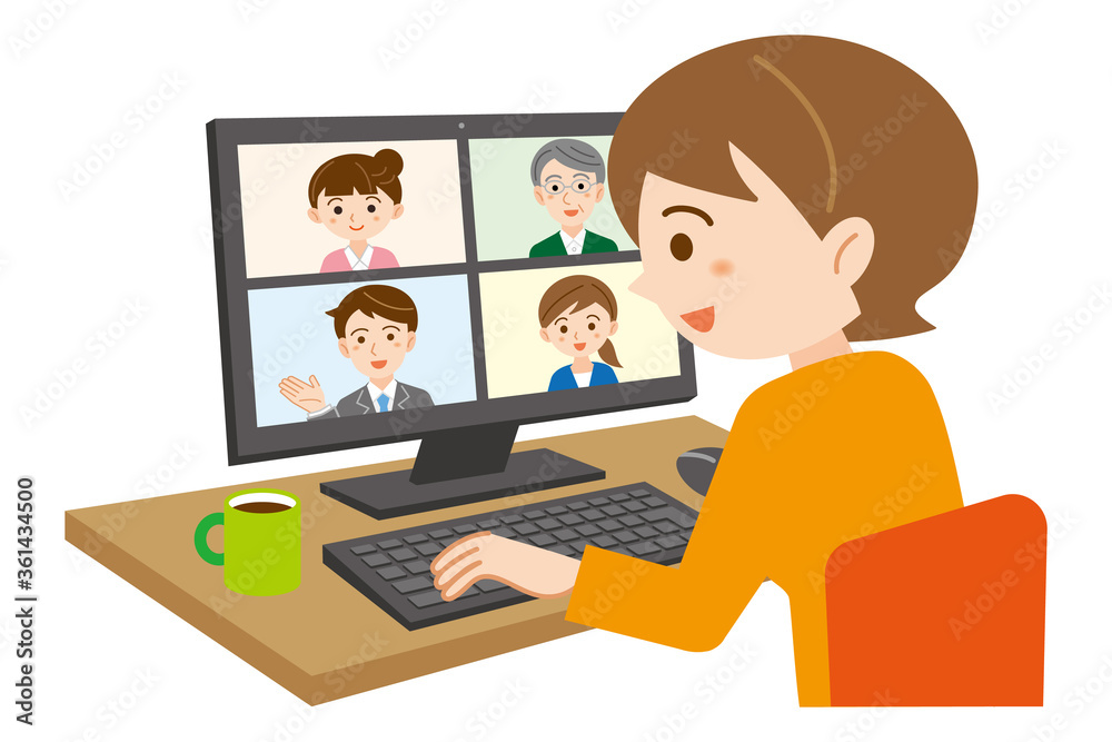 自宅でパソコンのオンライン会議に参加する女性のイラスト 白背景 Stock Vector Adobe Stock
