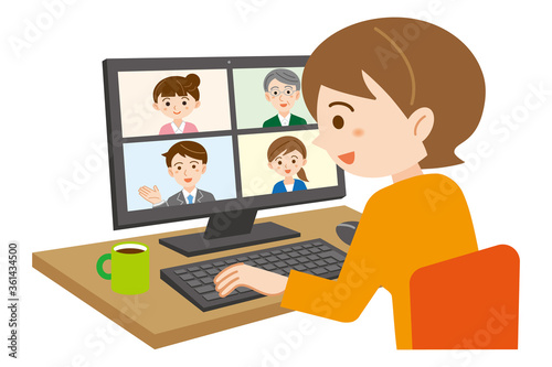 自宅でパソコンのオンライン会議に参加する女性のイラスト/白背景
