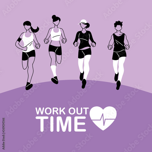 Women and men running and work out time vector design