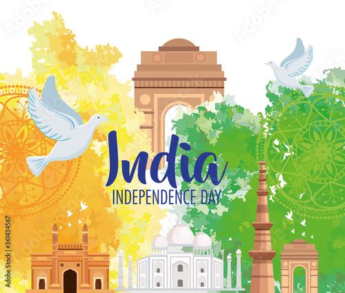 indian happy independence day, monuments traditional and dove flying vector illustration design