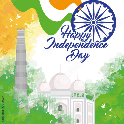 indian happy independence day, monuments and decoration vector illustration design