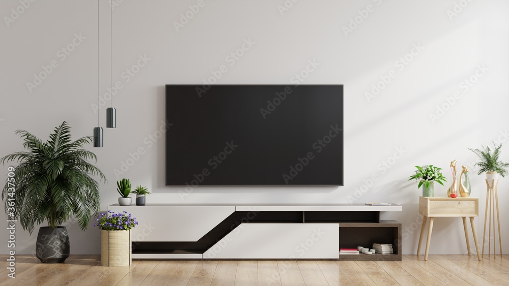 LED TV on the white wall in living room,minimal design.