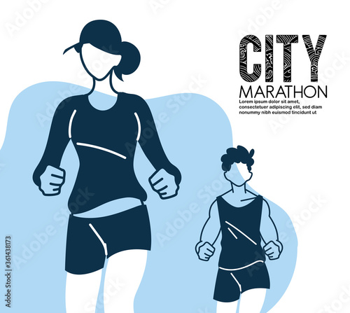 Man and woman avatar running and 10k city marathon vector design