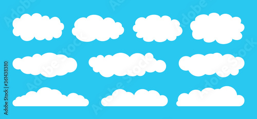 Cloud set flat cartoon style. Abstract elements, white cloudy collection. Label, symbol, shape different clouds sky. Symbol for website design, logo or app. Isolated on blue vector illustration