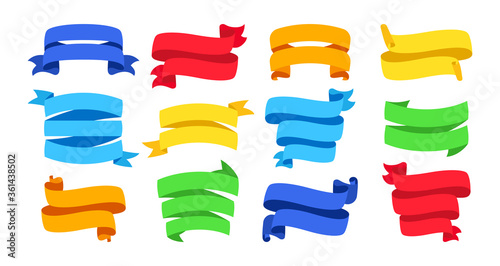 Ribbon set. Decorative icons, tape blank flat collection. Design for greeting cards, banners invitations. Colorful ribbons sign cartoon style. Web icon kit of text banner. Isolated vector illustration