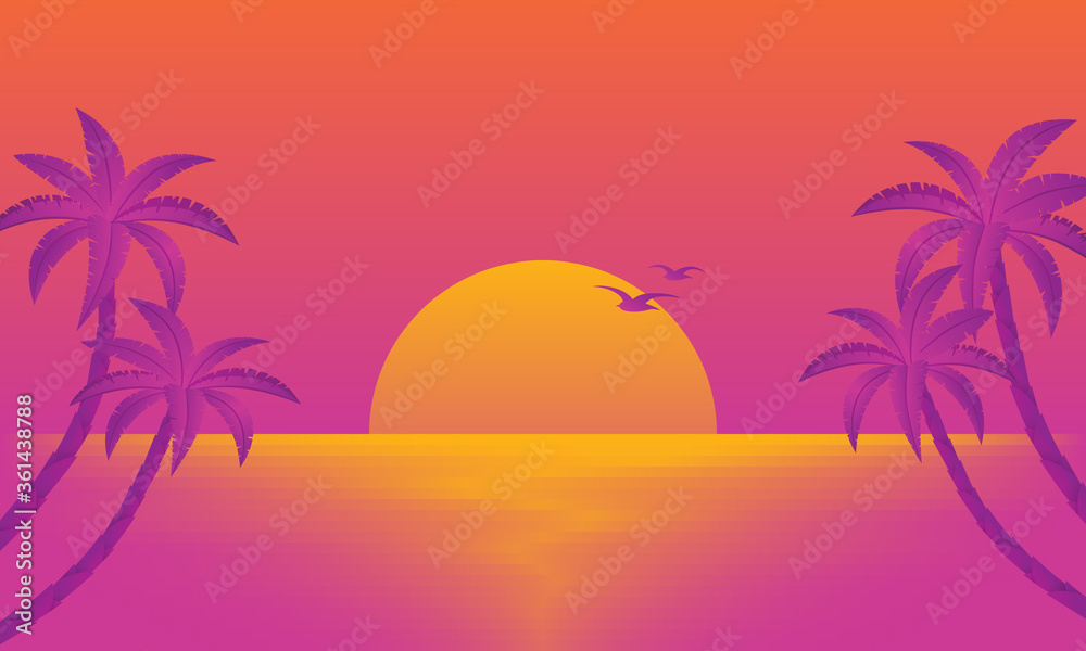 Sunset landscape with palm trees on the beach. Beautiful summer in retro style.