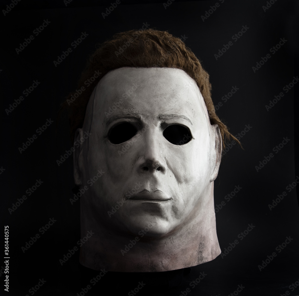 NEW YORK USA-Studio portrait of Michael Myers mask from John Carpenter's  Halloween movie franchise on black background. The mask used in the 1978  movie was an altered Captain Kirk mask Stock Photo