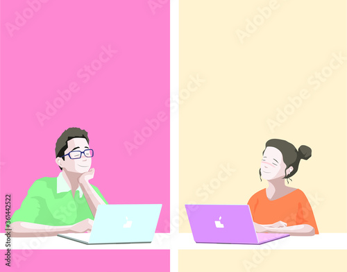 The character illustration who is using a laptop.