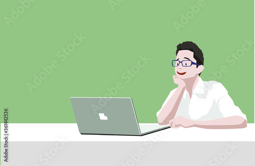 The character illustration who is using a laptop.