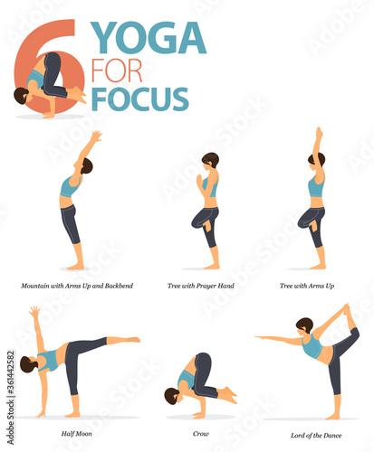 6 Yoga poses for workout in yoga for focus concept. Woman exercising for body stretching. Yoga posture or asana for fitness infographic. Flat cartoon vector.