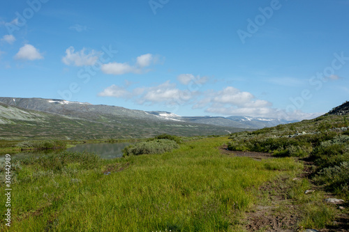 Mountain landscape, large panorama, Subpolar Urals. Beautiful landscape. The concept of outdoor activities and tourism.