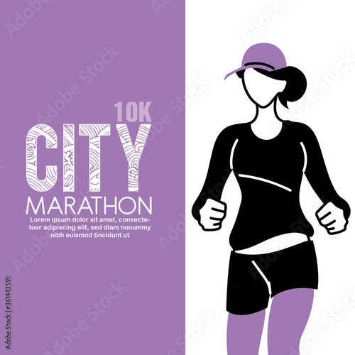 Woman avatar running and 10k city marathon vector design