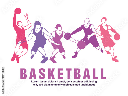 Basketball players men with balls in purple silhouettes vector design