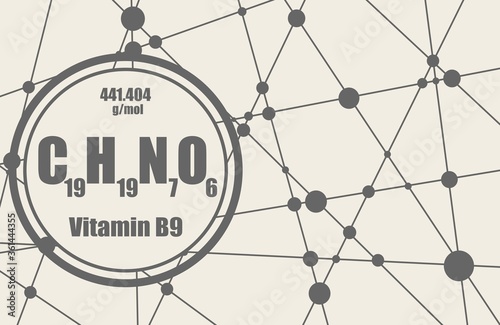 Chemical formula of vitamin B9 or folic acid. Connected lines with dots background.