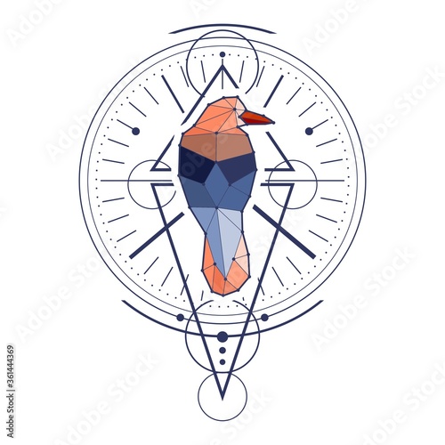 Mystical geometry symbol. Linear alchemy, occult, philosophical sign. Low poly raven. For music album cover, poster, sacramental design. Astrology and religion concept.